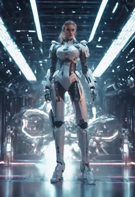 3D rendering of futuristic sci-fi fashion show scene, (Future female model standing in front of the audience:1.37),(Behind her stood Optimus Prime, inspired by the movie《Transformers 3》，droid, Complex details, and extra-long lenses,
Background: fashion sho...