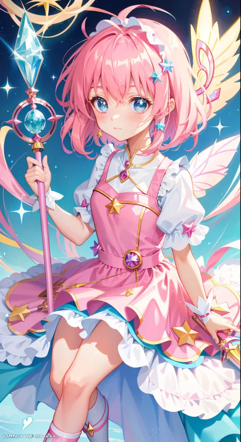 k hd，Anime girl with wand and star wand in her hand, portrait of magical girl, sparkling magical girl, magical little girl, card...