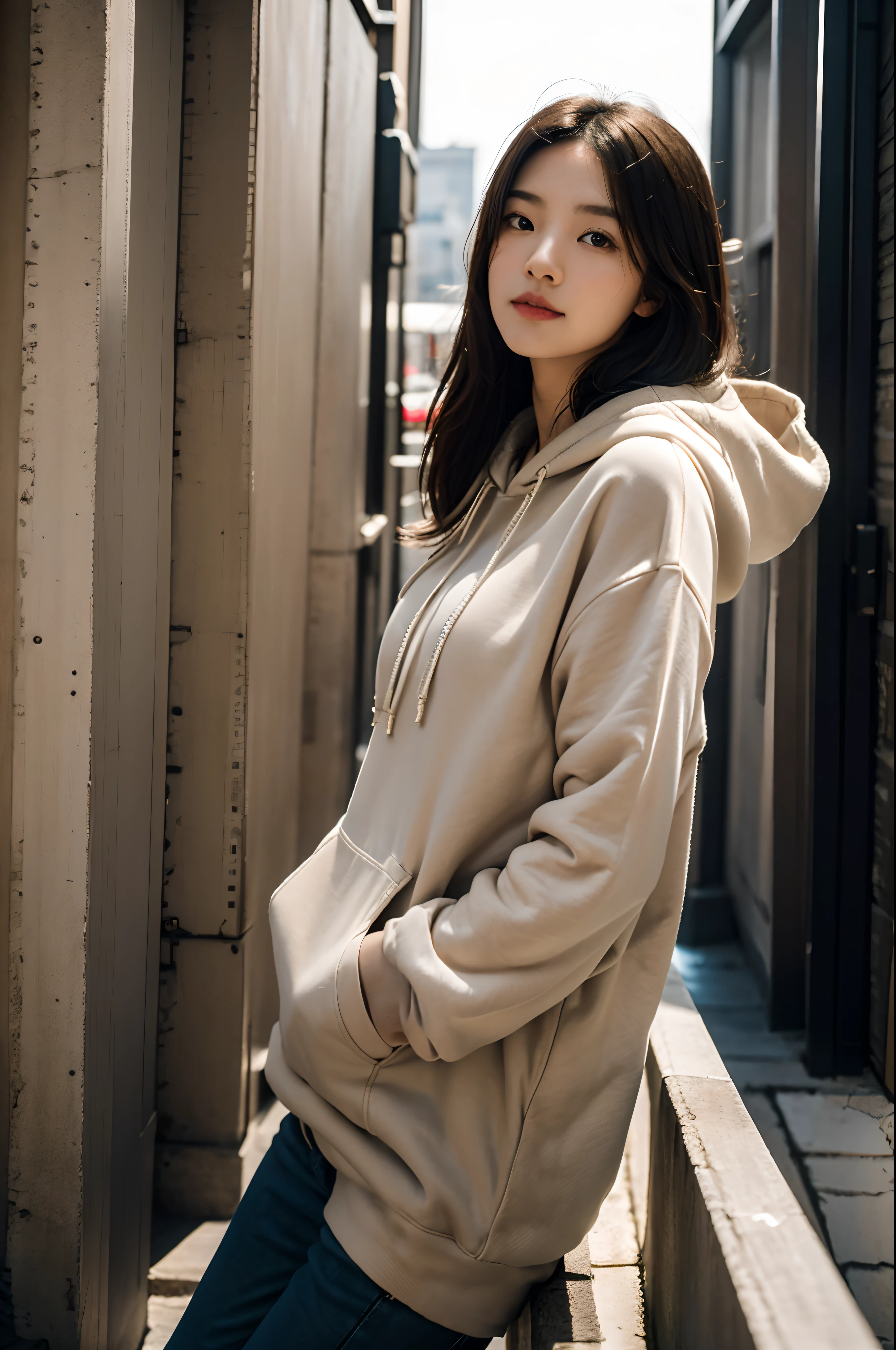 Arafed Frau lehnt an einer Wand mit einem Bild darauf, ein von Kim Jeong-hui inspiriertes Bild, unsplash, Visuelle Kunst, Mädchen mit Kapuzenpullover, beige hoodie, aufgenommen mit Canon EOS 5D mark iv, black haired Mädchen mit Kapuzenpullover, Porträt mit mittlerer Aufnahme, aufgenommen mit Canon EOS 5D, aufgenommen mit Canon 5D Mk4, trägt einen übergroßen Hoodie