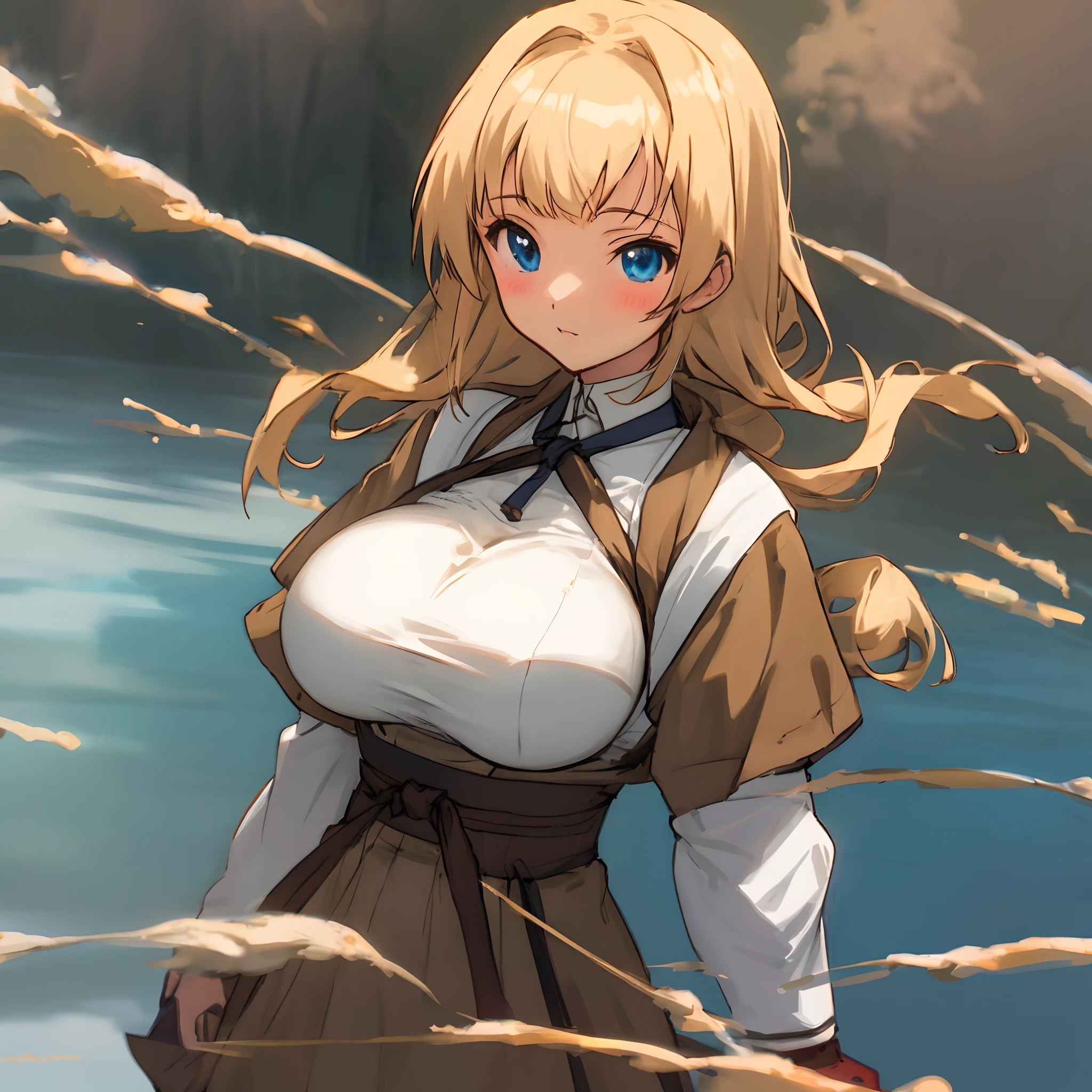 Anime girl with blonde hair and blue eyes standing in front of a body of  water - SeaArt AI