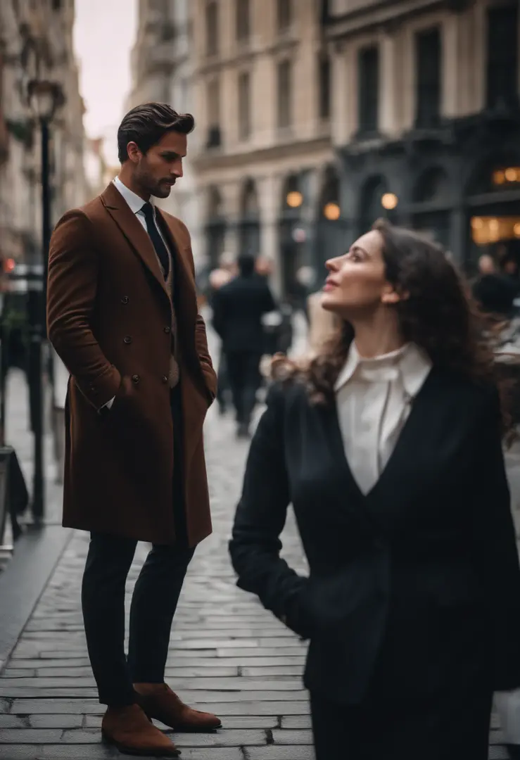 A very handsome man, 29 years old, dark brown hair, Italian origin, wears suit, talks, stands and looks at a beautiful young English woman, wears executive clothes on a sidewalk in the big city,