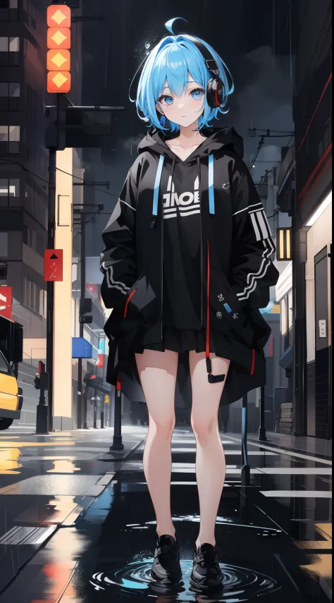 8K resolution、((superior quality))、((masterpiece))、((ultra-detailed))、1 woman、solo、Incredible nonsense、Big hoods、headphones、Street、Outdoor、Rain、 Neons、shortcut hair、Colored eyes、hands in pockets、a miniskirt、water dripping