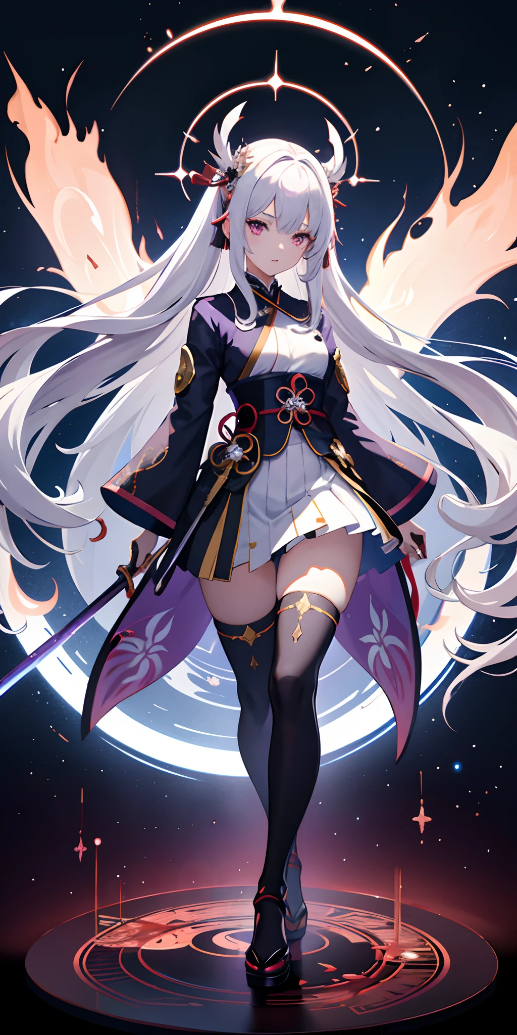 1girl, japanese clothes, long hair, Hime cut,white hair, purple eyes, magic circle, blue fire, blue flames, wallpaper, landscape, blood, blood splatter, depth of field, night, light particles, light rays, sidelighting, thighs, fate \(series\), genshin impact, ****, open jacket, skirt, thighhighs, cloud