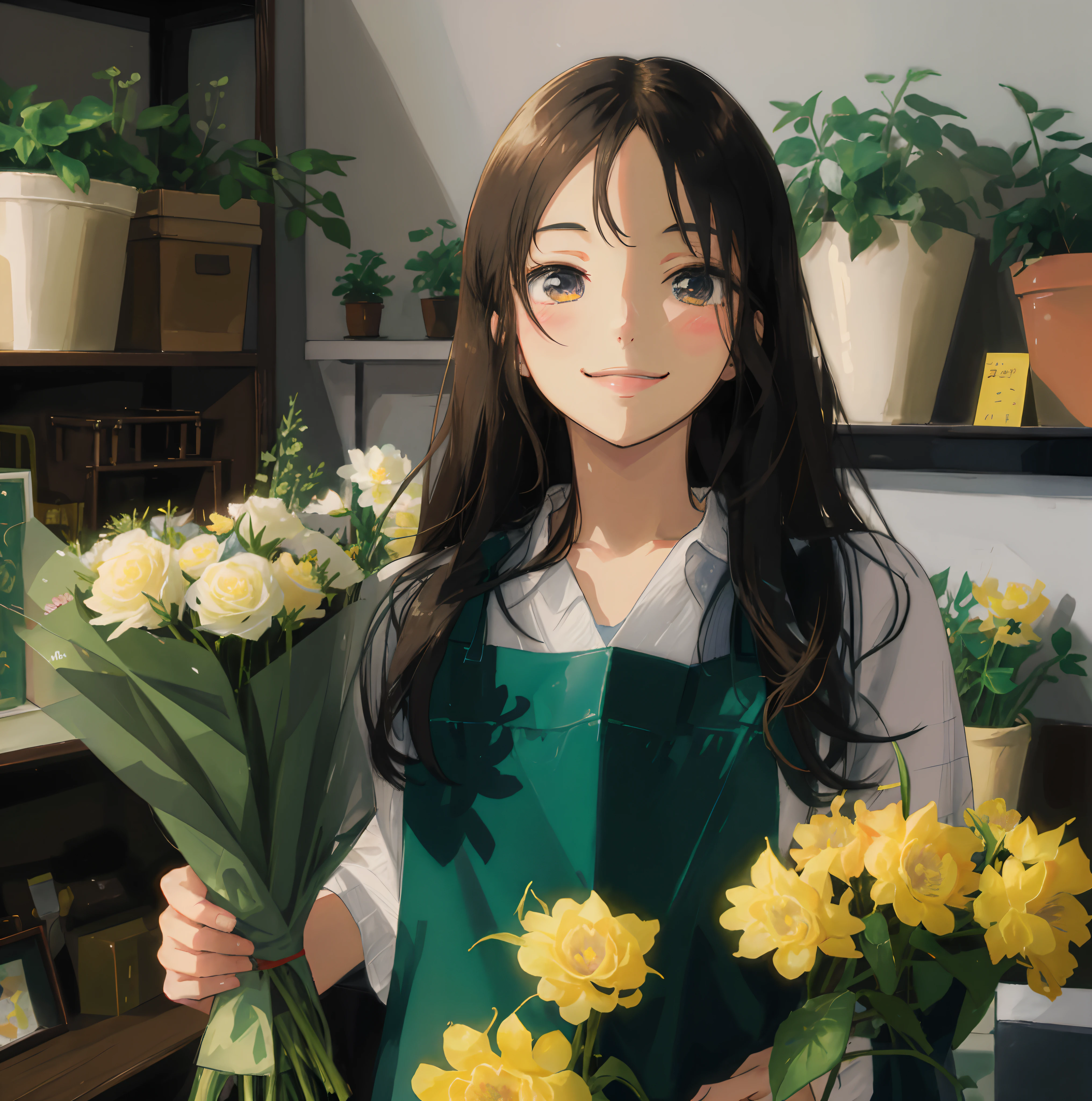 there is a cute anime girl holding a bouquet of flowers in a room, smiling cutely at the viewer ,  attractive girl, cute woman, holding flowEr, flower shop scene, indoor, with flower, medium portrait, carrying flowers