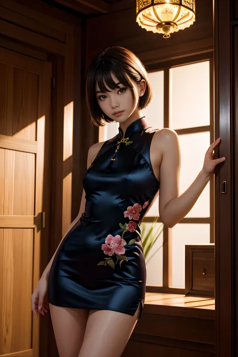 1girl in, (((shorth hair))), Bright cheongsam, mini dress、(​masterpiece, top-quality, Near and far law), beautiful expression, 8K, Raw foto, nffsw, Photorealsitic, film grains, chromatic abberation, hight resolution, ultra-detailliert, finely detail, 动态照明,...