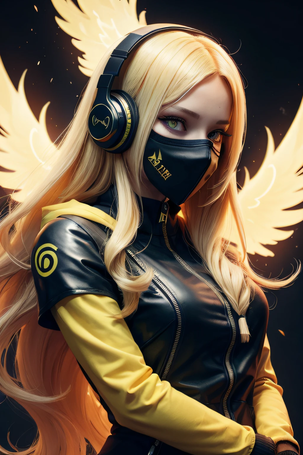 girl with long yellow hair, yellow eyes, futuristic vibes, mask on mouth, headphones, 8k, high quality, simple background, glowing eyes, nice pose