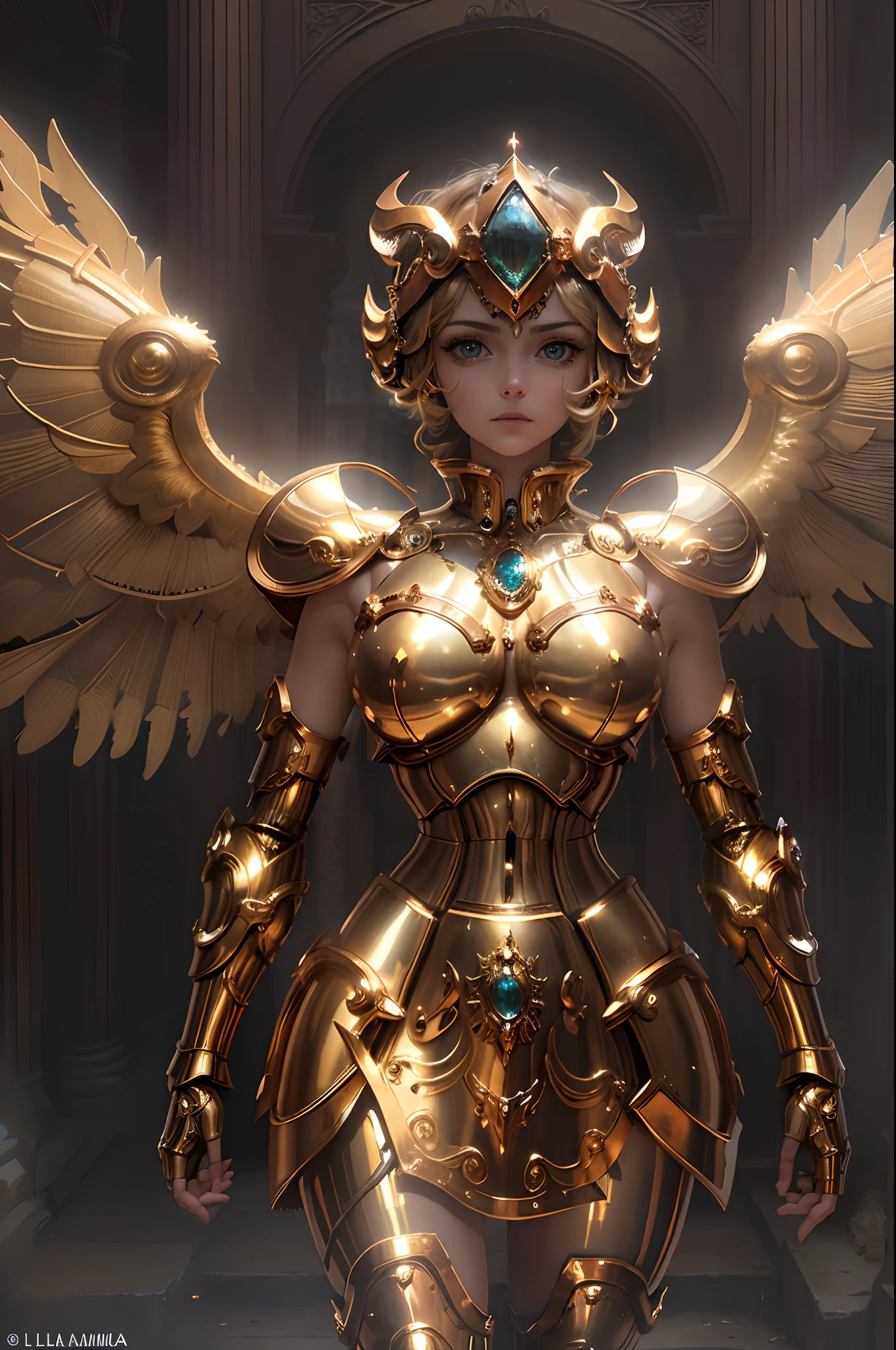 ((Best Quality)), ((masterpiece)), (Very detailed: 1.3) 1girl, baimecha, (Leomor, hull,Golden armor, Golden Mechanical Giant Wings, Outer white layer:1), Bright red eyes, Great highlight on the eyes, sanctuary, greek temple, palace, During, daylight, (esthetic), (beautiful art), (ultra detailed), (8k), (HdR), (sharp focus), (Intricate),