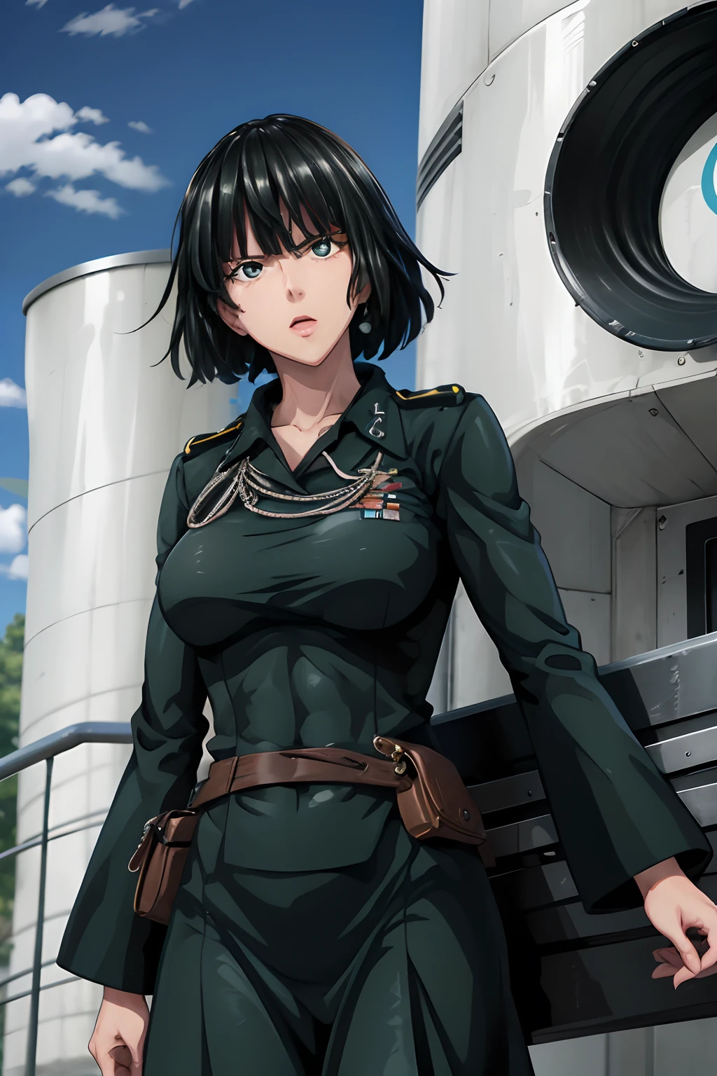 Fubuki, Uma mulher vestida com uma Wehrmacht preta_terno segurando uma espada, Medalha no ombro esquerdo, Wehrmacht_tem, Luva branca, Carregar equipamento_máquina, Torretas_equipado na plataforma_máquina)