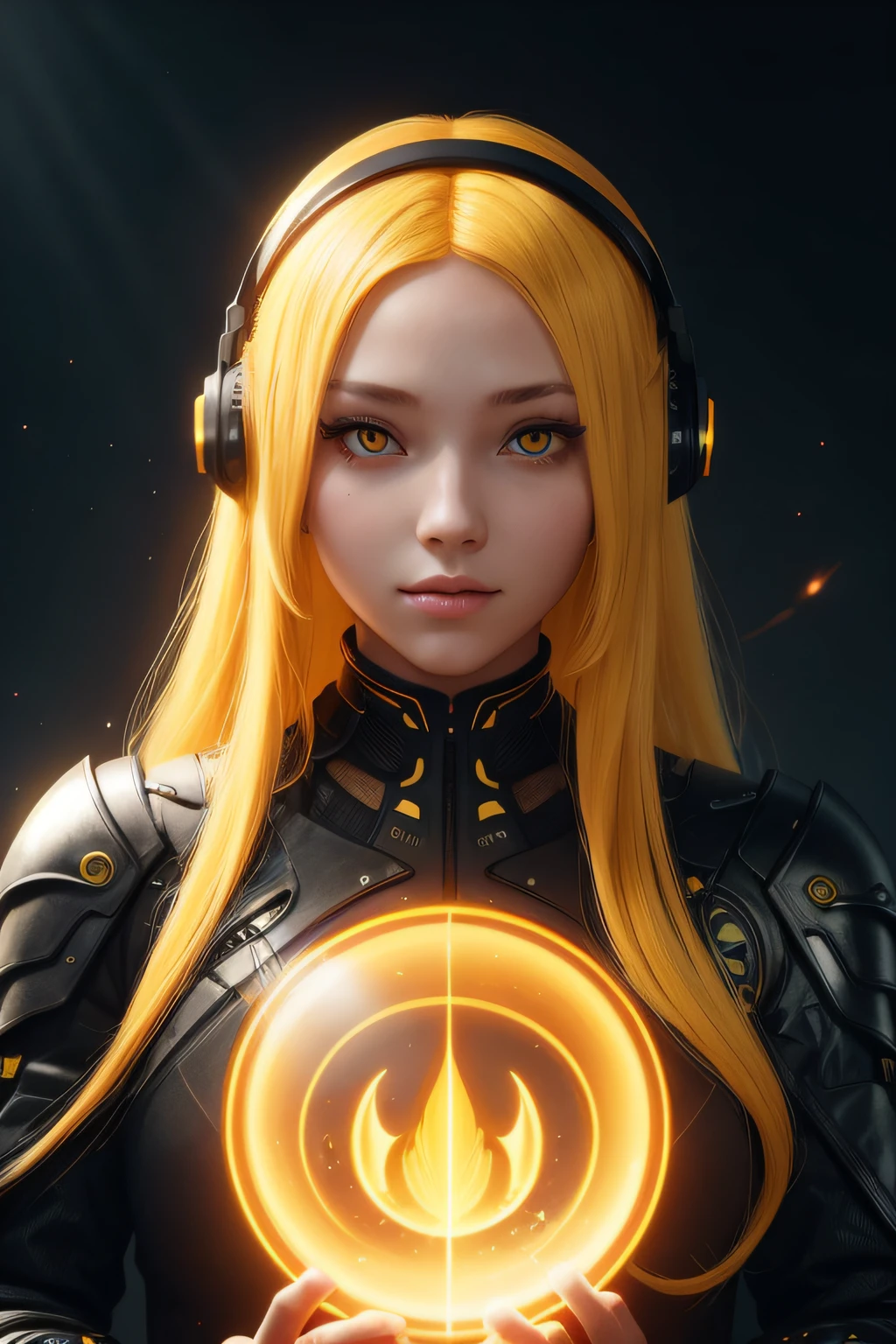 girl with long yellow hair, yellow eyes, futuristic vibes, mask on mouth, headphones, 8k, high quality, simple background, glowing eyes, nice pose