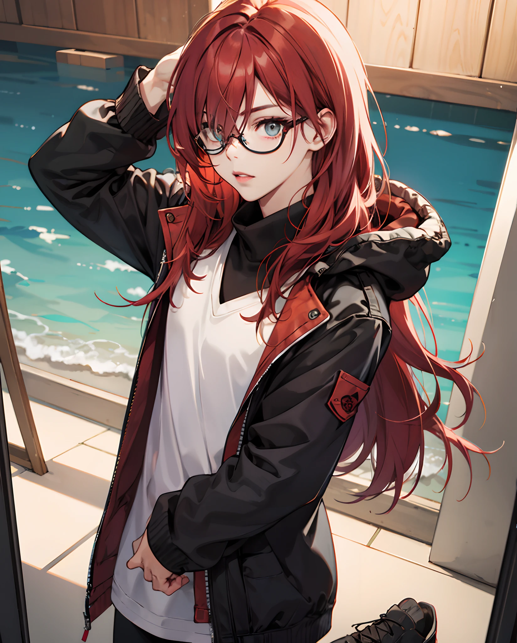 Anime girl with red hair and glasses standing in front of a window ...