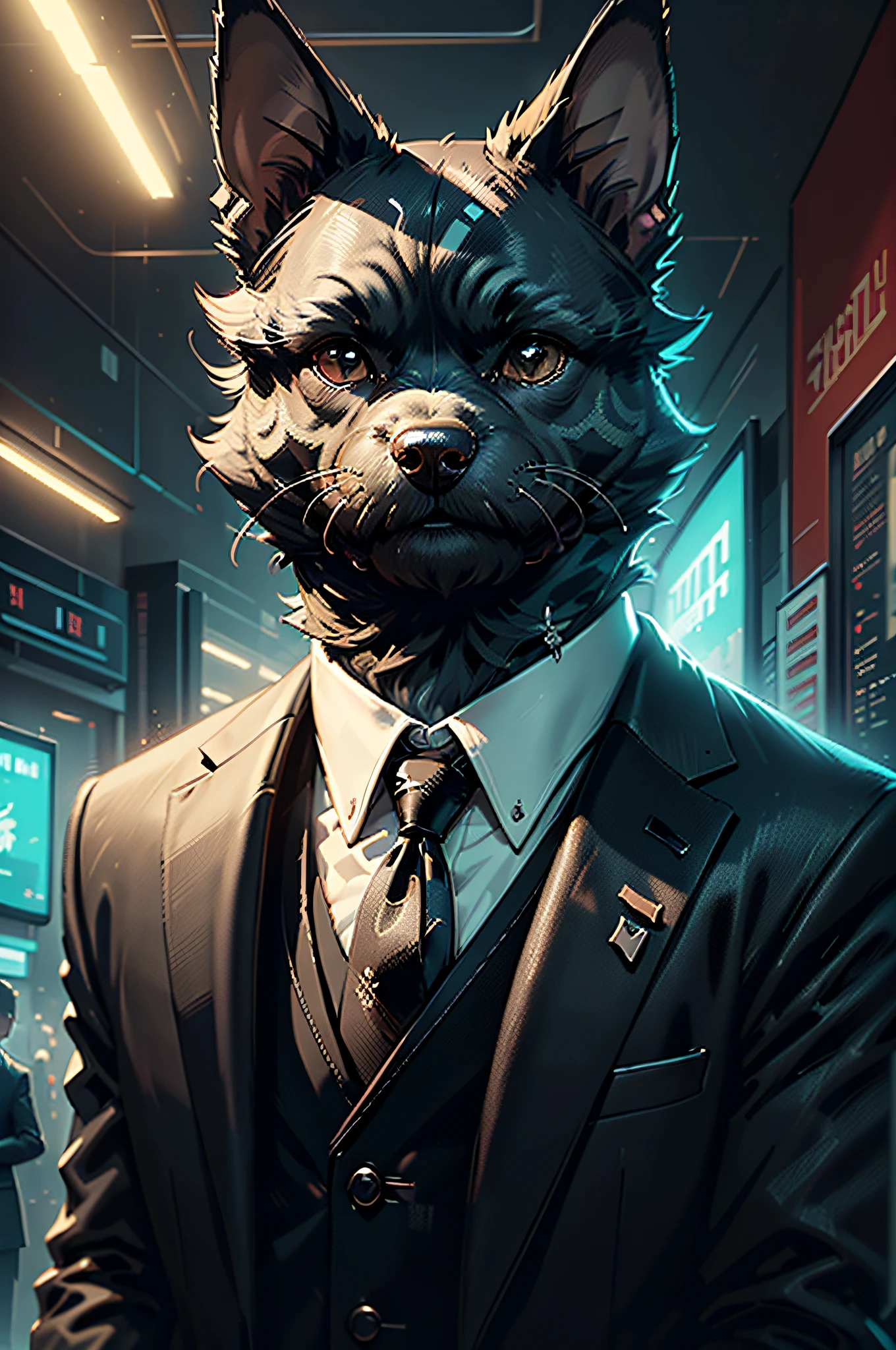 (Man in black suit and tie)comic strip、Anthropomorphic miniature schnauzer dog、cyberpunked