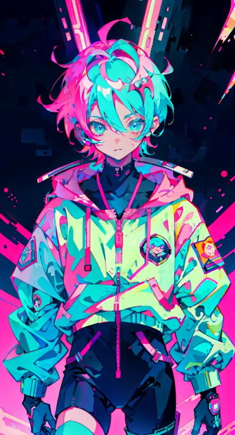 anime boy, wearing astronaut suit, neon blue hair, and pink colors, scars, stickers, neon style of whole shot, cool pose