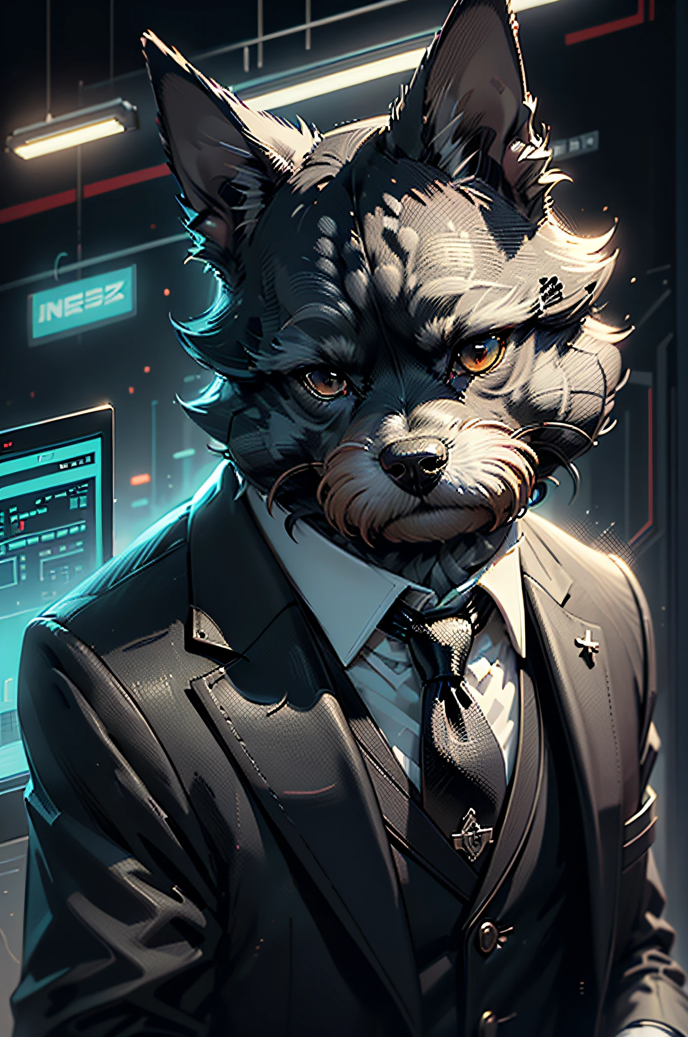 (Homme en costume noir et cravate)Bande dessinée、Chien schnauzer nain anthropomorphe、cyberpunk