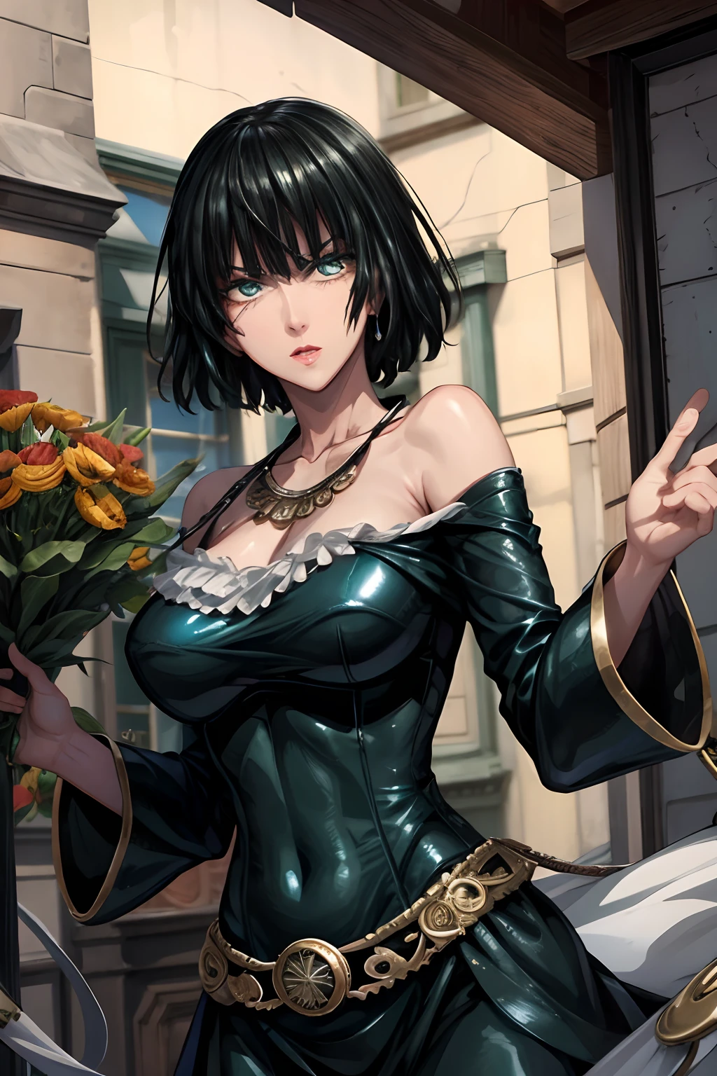 fubuki, Lancer un sort magique,Étoile magique, fille solitaire,jade mono,clair de lune,Jupe Steampunk Victorienne Bleue,Corset de pirate,Bijoux de cou en jade,Chapeau de sorcière bleu,cheveux courts,Boucles d&#39;oreilles croissant de lune,la robe du soir,ville de citrouilles,Château de la sorcière,Maquillage gothique,Des fantômes,Citrouille d&#39;Halloween