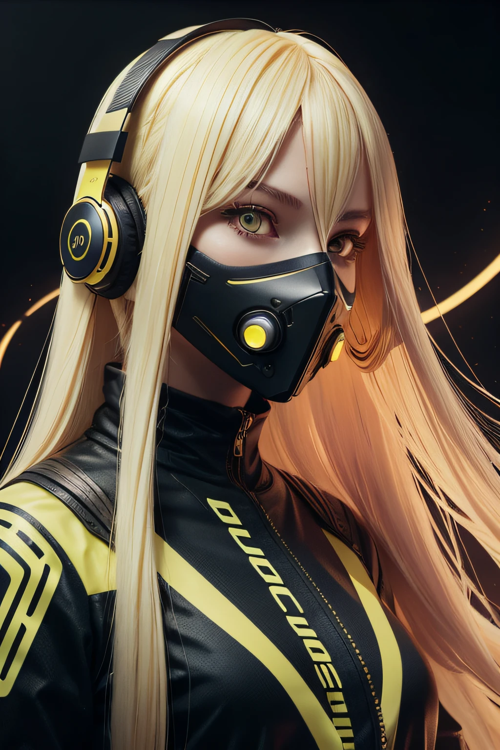 girl with long yellow hair, yellow eyes, futuristic vibes, mask on mouth, headphones, 8k, high quality, simple background, glowing eyes, nice pose