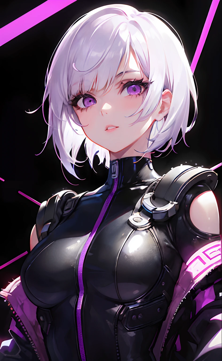 solo, lucy (cyberpunk), short hair, parted lips, bangs, looking at viewer, upper body, 1girl, jacket, black background, purple eyes, bodysuit,white hair,