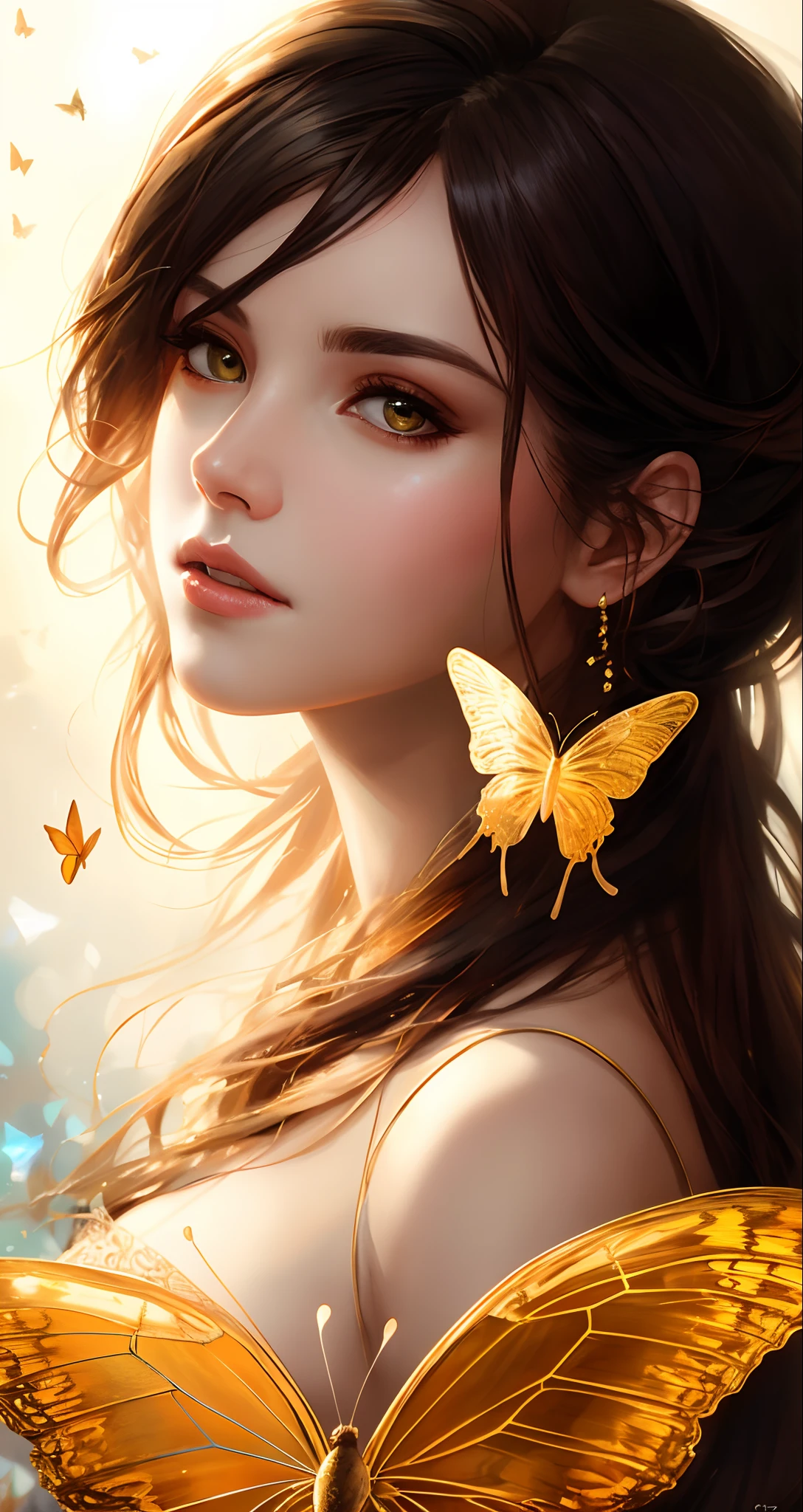 Portrait of a beautiful cyborg with 8k brown hair, intricate, elegant, highly detailed, majestic, digital photography, art by artgerm and Ruan Jia and Greg Rutkowski, surreal painting, golden butterfly filigree, broken glass, (masterpiece, side light, delicate beautiful eyes: 1.2), Human Development Report