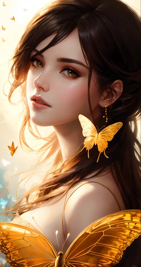 Portrait of a beautiful cyborg with 8k brown hair, intricate, elegant, highly detailed, majestic, digital photography, art by artgerm and Ruan Jia and Greg Rutkowski, surreal painting, golden butterfly filigree, broken glass, (masterpiece, side light, deli...