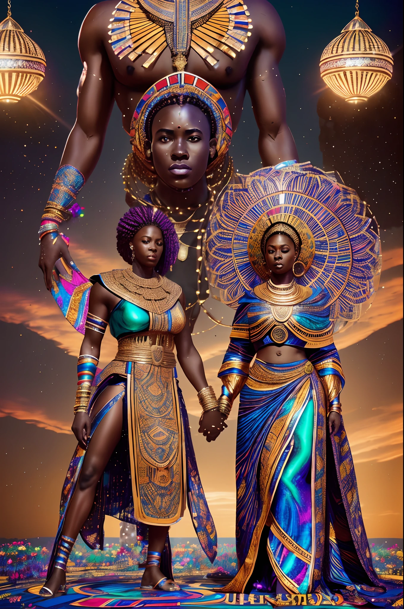 full body shot of Giant African goddess blessing a wedding African couple of a black man and black woman, wedding full of celebrating congregation, bright and vibrant light shining, with iridescent light, cinematic lighting, artgerm style, 32k, ultra HD, unreal engine rendered, hyper-realistic image, --auto --s2
