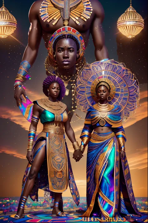 full body shot of Giant African goddess blessing a wedding African couple of a black man and black woman, wedding full of celebr...