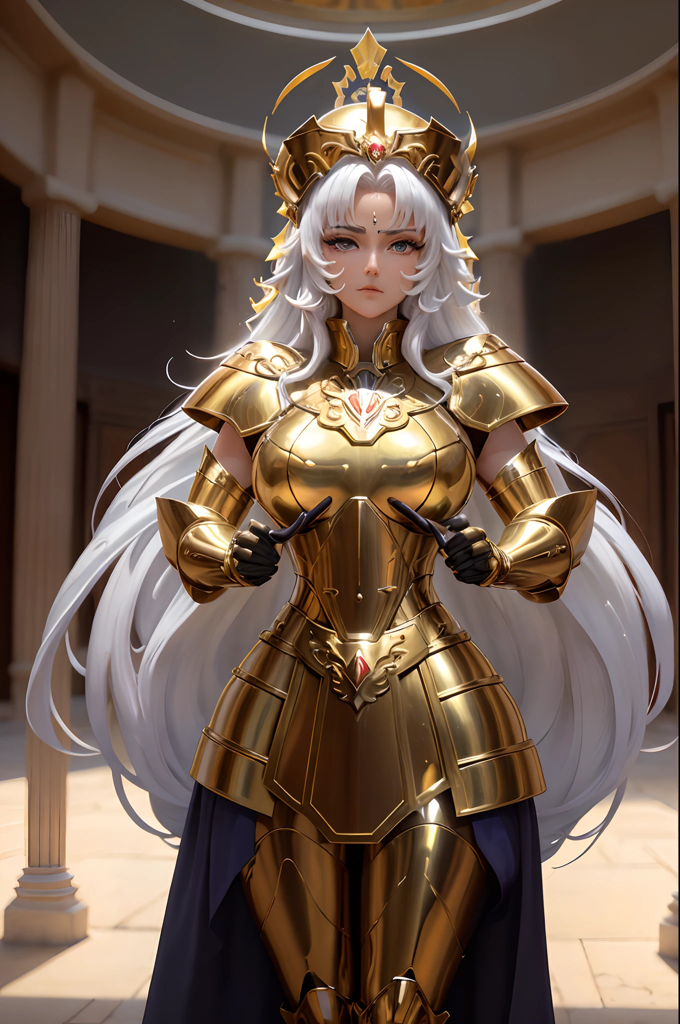 ((Best Quality)), ((masterpiece)), (Very detailed: 1.3) 1girl, beautiful with very big breasts and big tail bewitching thighs full body and big tail, (gemini armor, hull,Golden armor, Outer white layer:1), bright Eyes, Great highlight on the eyes, sanctuary, greek temple, palace, During, daylight, (esthetic), (beautiful art), (ultra detailed), (8k), (HdR), (sharp focus), (Intricate),battlefield,