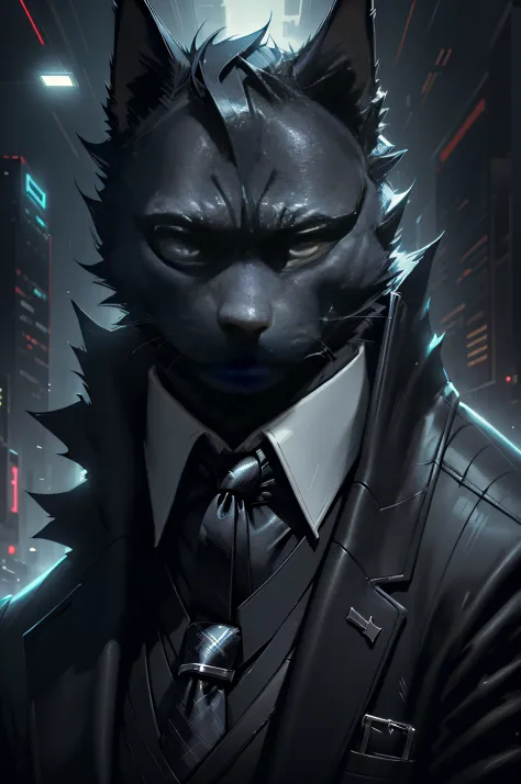 (Man in black suit and tie)comic strip、Anthropomorphic Scottish Terrier Dog、cyberpunked