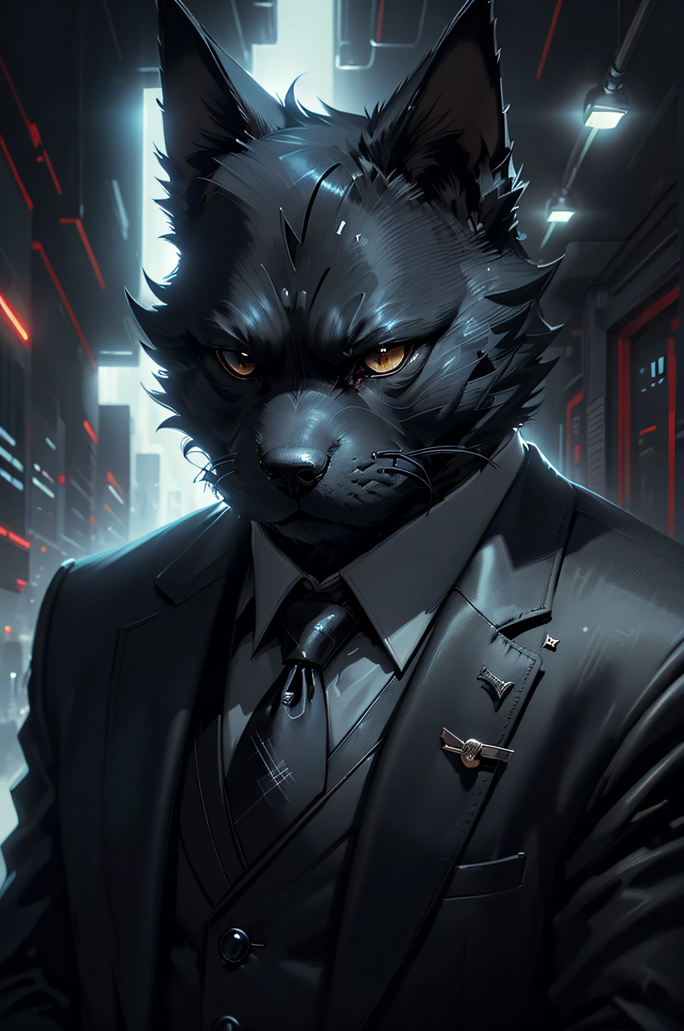 (Homme en costume noir et cravate)Bande dessinée、Chien terrier écossais anthropomorphe、cyberpunk