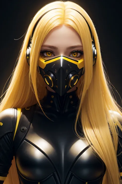 girl with long yellow hair, yellow eyes, futuristic vibes, mask on mouth, headphones, 8k, high quality, simple background, glowi...