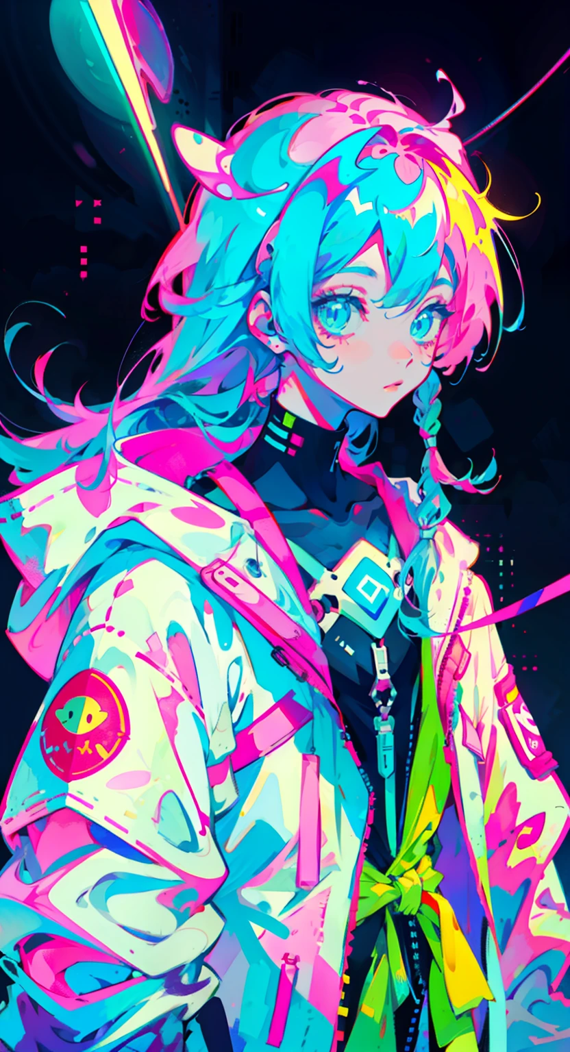 Anime-Mädchen mit langen Haaren gebunden, im Astronautenanzug, neonblaue Haare, und rosa Farben, Narben, Aufkleber, Neon-Stil der gesamten Aufnahme, coole pose