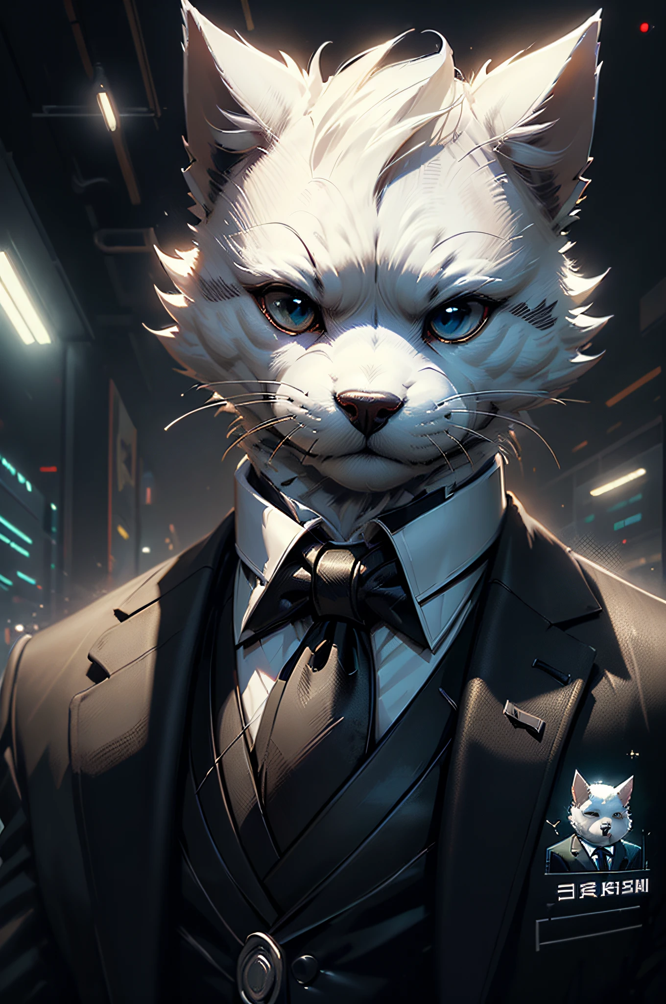 (黒いスーツとネクタイを着た男性)コミックストリップ、擬人化された白いテリア犬、サイバーパンク