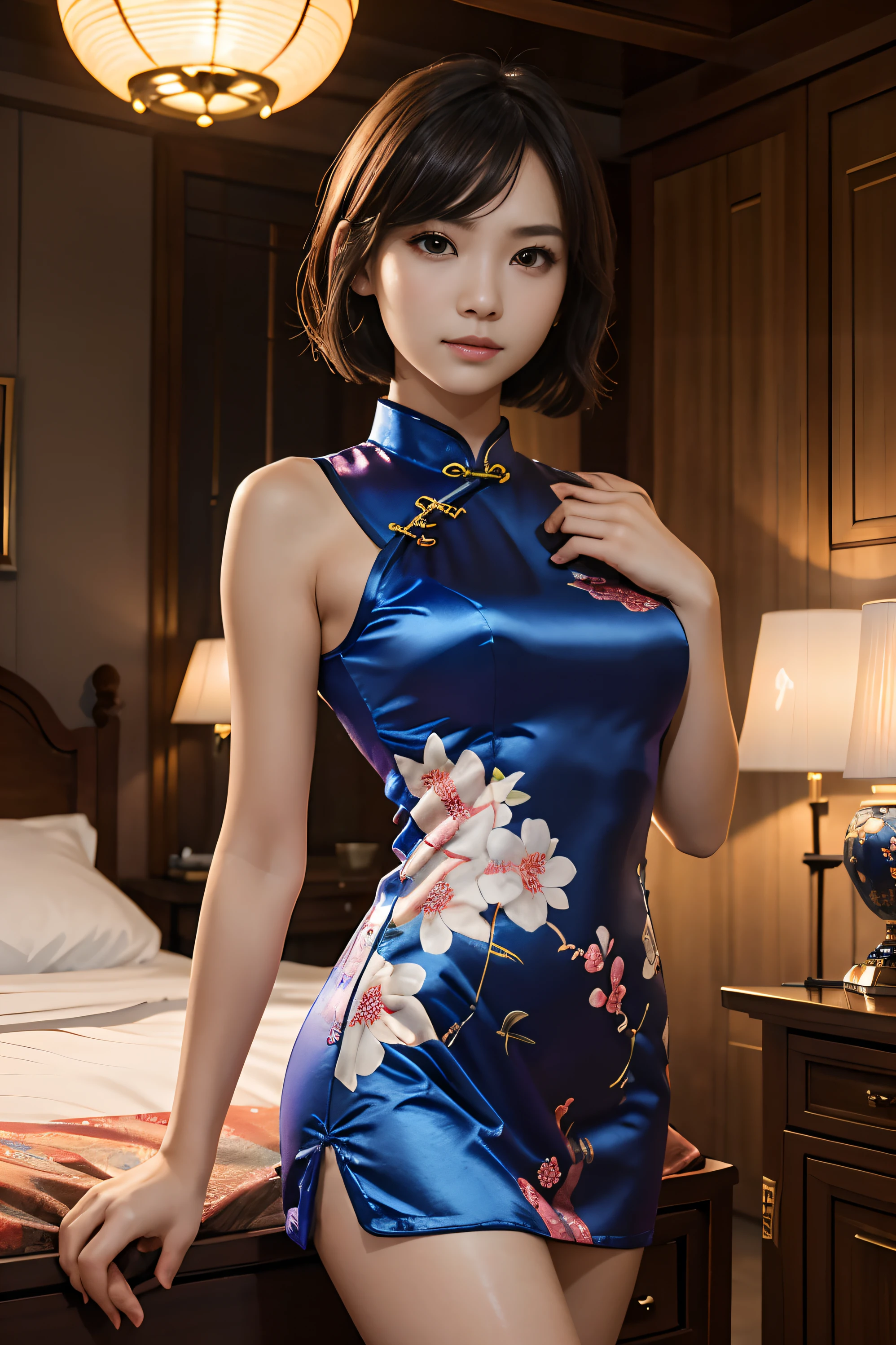 1girl in, (((shorth hair))), Bright cheongsam, mini dress, tight dreass、(​masterpiece, top-quality, Near and far law), beautiful expression, 8k, Raw foto, nffsw, Photorealsitic, film grains, chromatic abberation, hight resolution, Ultra-detail, finely detail, Dynamic Lighting, Dramatic Lighting、shadowy、extremely detailed eye and face、Round pupils、Beautiful legs、Beautiful feet、Standing、Luxurious room