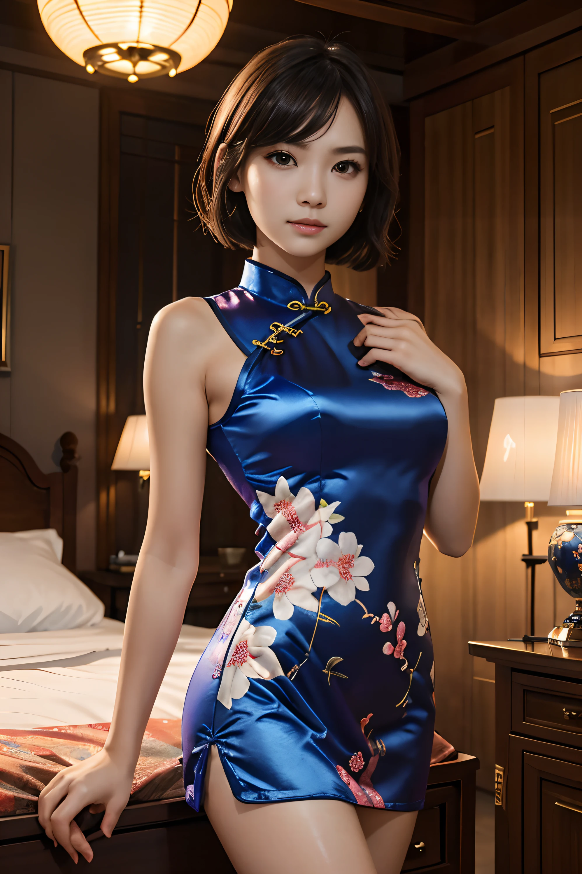 1 fille dans, (((cheveux courts))), Cheongsam brillant, mini robe, robe moulante、(chef d&#39;oeuvre, qualité supérieure, Loi proche et lointaine), Belle expression, 8k, Photo brute, nffsw, Photoréaliste, grains de film, aberration chromatique, haute résolution, ultra-détaillé, finement détailler, éclairage dynamique, Éclairage dramatique、ombragé、œil et visage extrêmement détaillés、pupilles rondes、belles jambes、Beaux pieds、debout、Chambre luxueuse