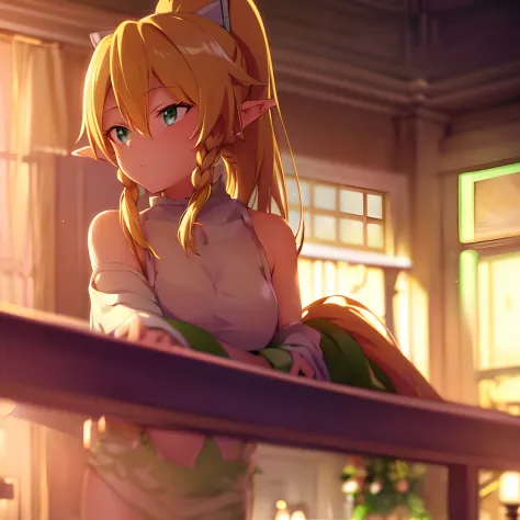 ((blonde girl), ((ponytail hair)), (elf's ears), 1girl, (green eyes),leafa, soft purple light, a room, neon posters, blur soft l...