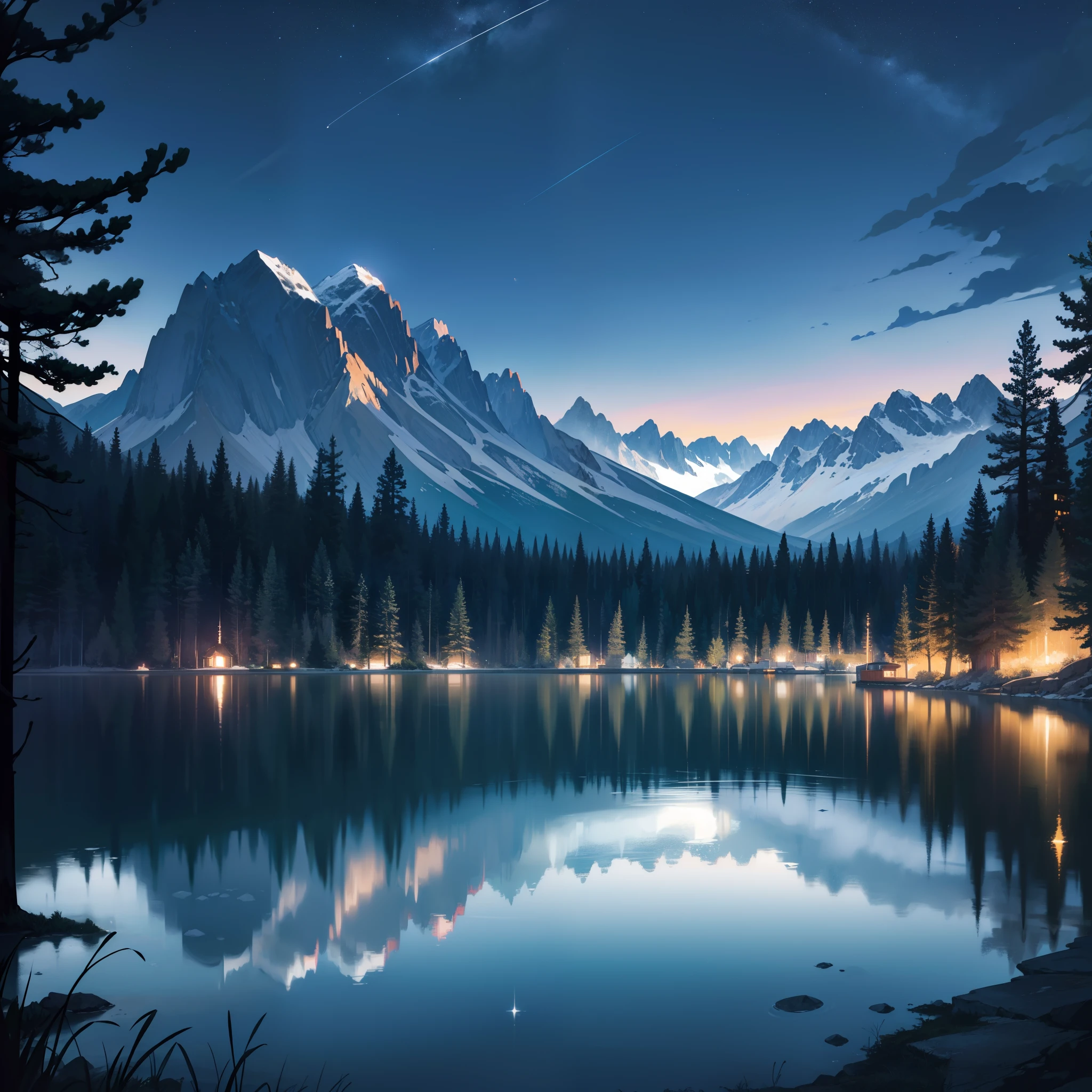 highres, HDR, moonlight, serene, peaceful, stars, reflection on water, mountains in the background, pine trees, mist, calm water, tranquil atmosphere, vibrant colors, breathtaking view, detailed textures, clear skies, city lights in the distance, picturesque, ethereal, gorgeous landscape.
