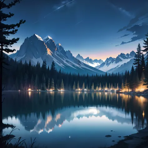 highres, HDR, moonlight, serene, peaceful, stars, reflection on water, mountains in the background, pine trees, mist, calm water...