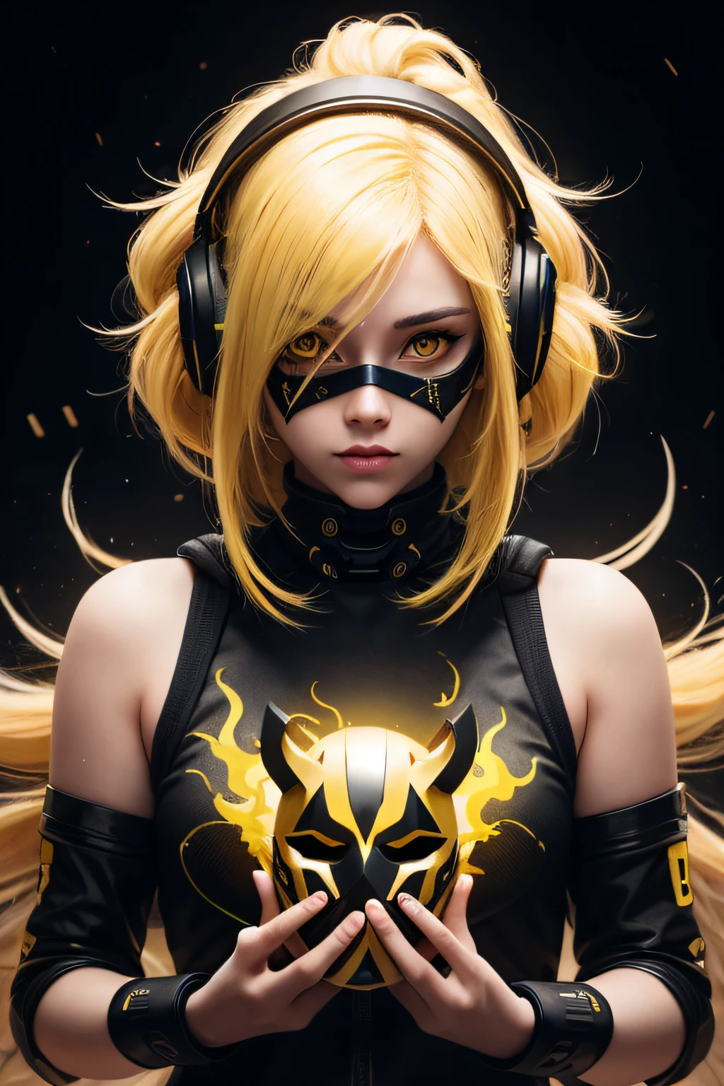 girl with long yellow hair, yellow eyes, futuristic vibes, mask on mouth, headphones, 8k, high quality, simple background, glowing eyes, nice pose