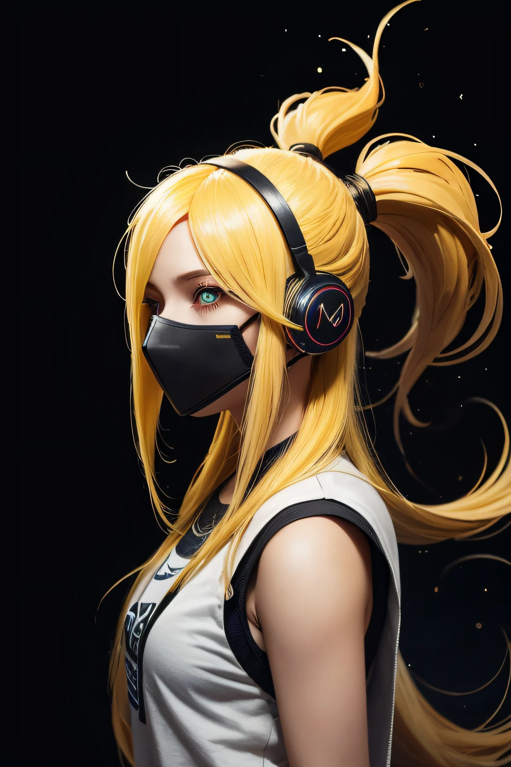 girl with long yellow hair, yellow eyes, futuristic vibes, mask on mouth, headphones, 8k, high quality, simple background, glowing eyes, nice pose