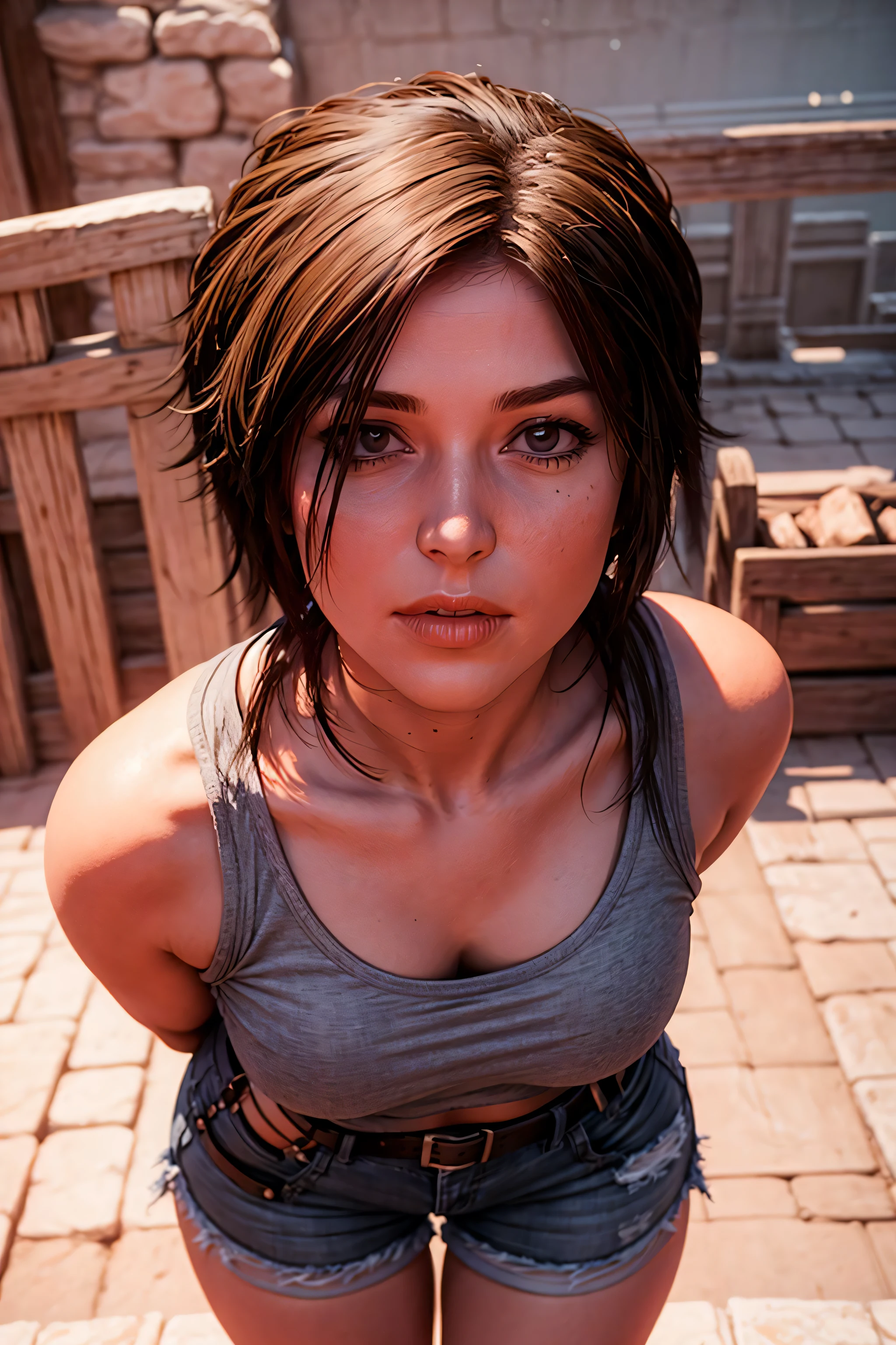 a professional photo of rottr_lracrft woman, wearing a very long v neck  sleeveless grey shirt, long cotton shorts, tactical belts around thighs, dynamic standing  pose in the great wall of china sunbathing, ((extremely detailed skin)), (perfect eyes), (((perfect hands))), (curvy hips:0.8), (filmic lighting), (desaturated:1.05), 8k, dslr, (bokeh), ultra high res