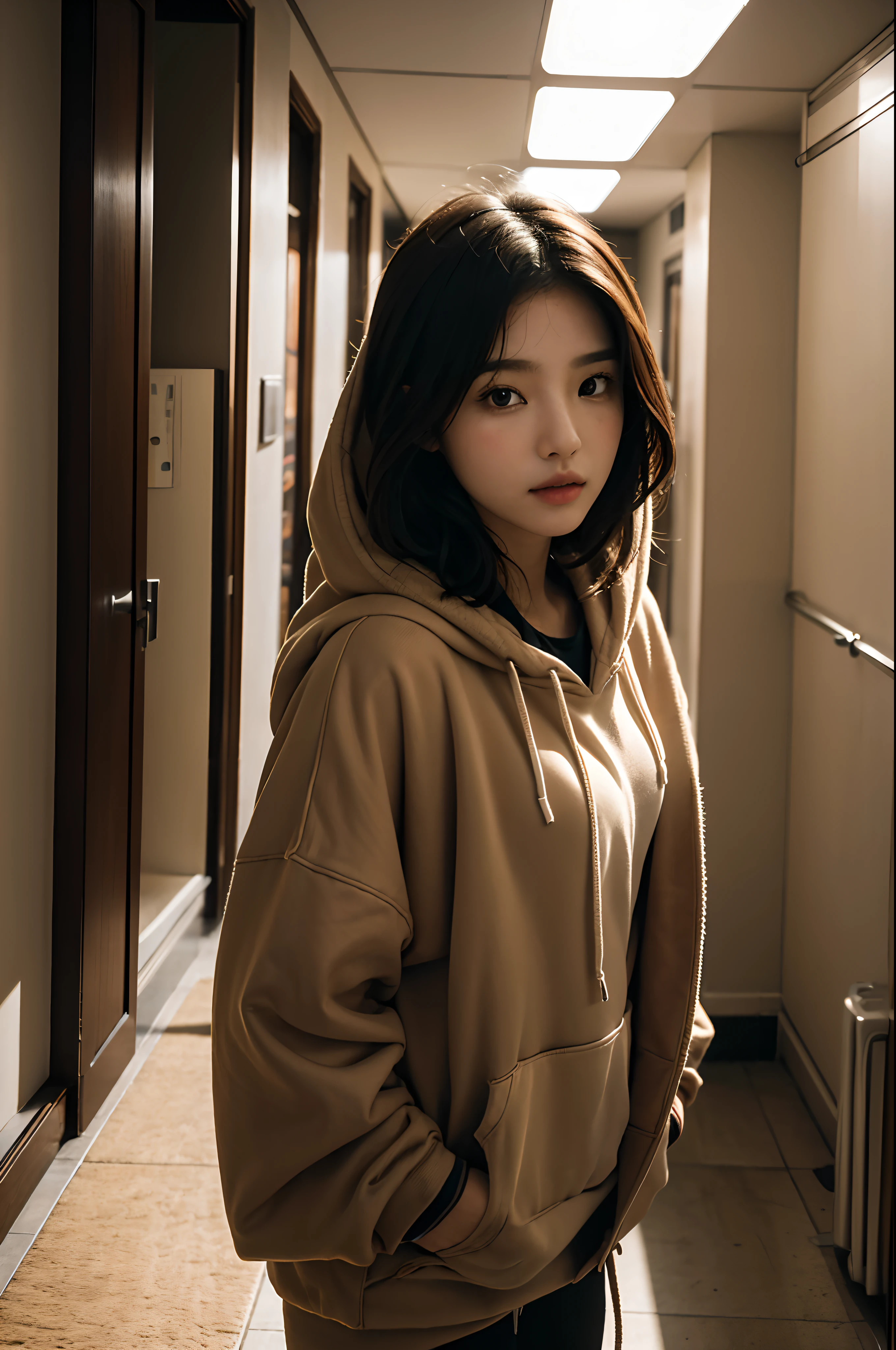 Da steht eine Frau in einem Flur mit einem Bild an der Wand, ein von Kim Jeong-hui inspiriertes Bild, tumblr, Lyco-Kunst, Mädchen mit Kapuzenpullover, Sie trägt Streetwear, black haired Mädchen mit Kapuzenpullover, Albumcover, beige hoodie, 19xx, Frau in Streetwear, Porträt mit mittlerer Aufnahme, Baby Suzy, E-Mädchen, e - Mädchen