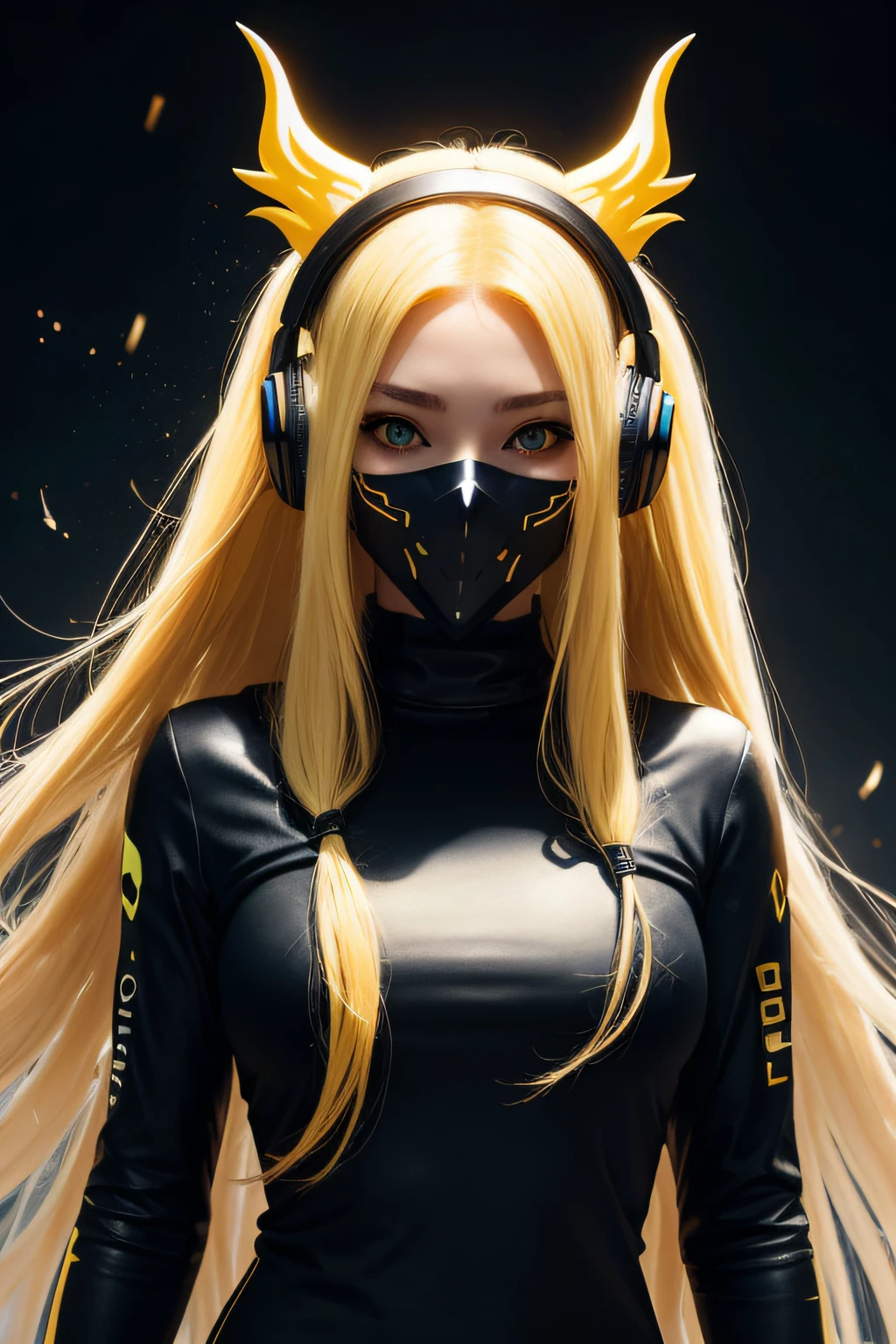 girl with long yellow hair, yellow eyes, futuristic vibes, mask on mouth, headphones, 8k, high quality, simple background, glowing eyes, nice pose