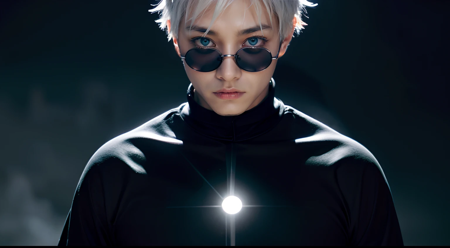 satoru gojo, white hair, short hair, hair between eyes, colored eyelashes, messy hair, blue eyes, upper body, extremely handsome, ((Black costume)), Perfect black jet background, mystic atmosphere, Surgical unfolding, round sunglasses, dark sunglasses, serene look、powerful being、Mystical atmosphere、(Strange moonlight、ominous shadows、 Intense blue aura、 Intense red aura、Symbol of the power that surrounds him、Radiating magical energy、Mystical artifacts、Ether particles、dinamic pose、Epic soundtrack, clothes cover whole body, black clothes, turtleneck, detailed eyes