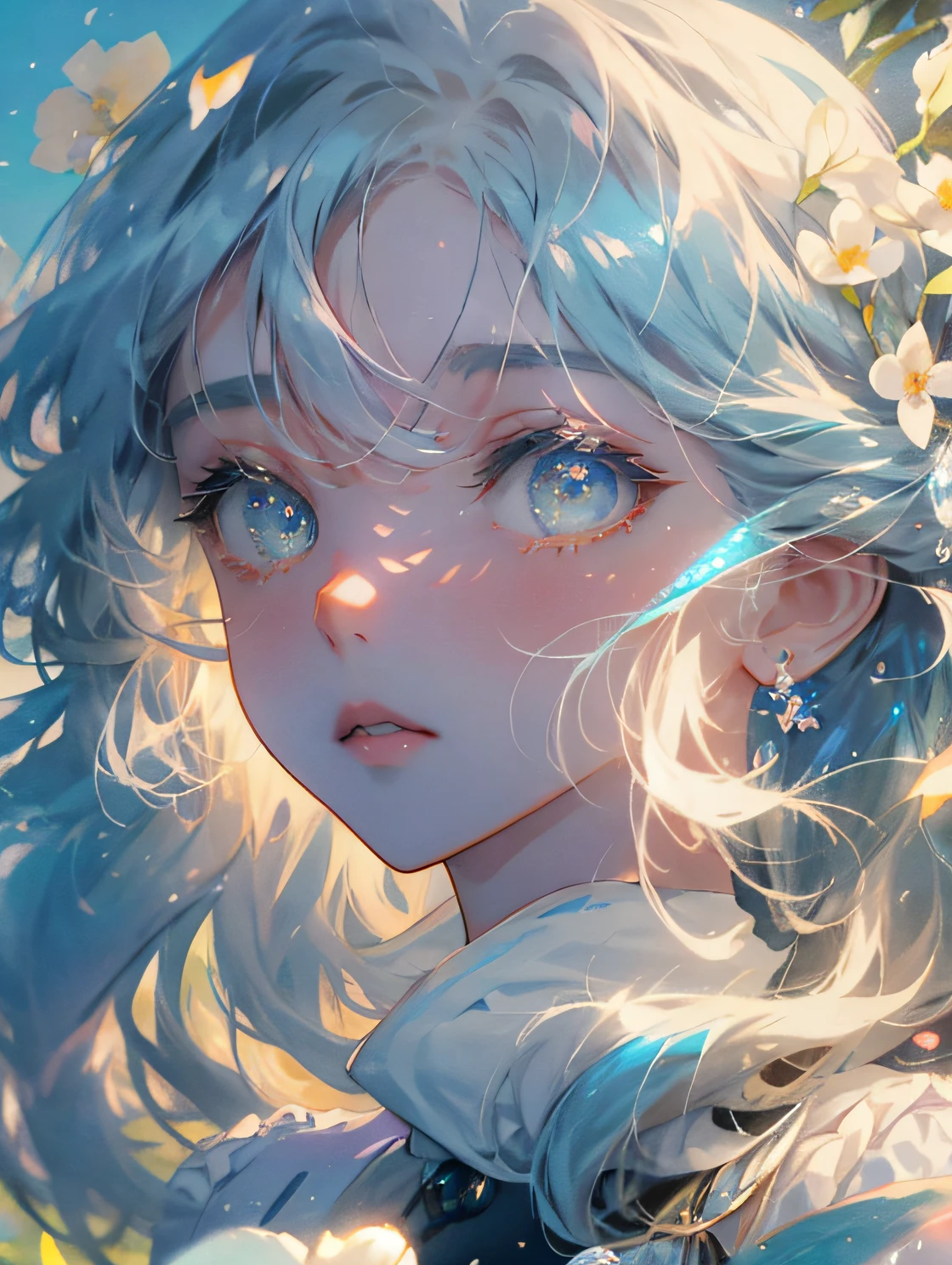 (high quality 8k), (watercolor paiting), ((Soft light)), The presence of flowers in the hair、Anime girl on blue sky background, Beautiful Anime Portrait, Detailed Digital Anime Art, digital anime illustration, soft anime illustration, beautiful digital illustrations, clean detailed anime art, Stunning anime face portrait, digital anime art, beautiful digital works of art, Detailed face, Detailed eyes, Translucent eyes, white blossoms,