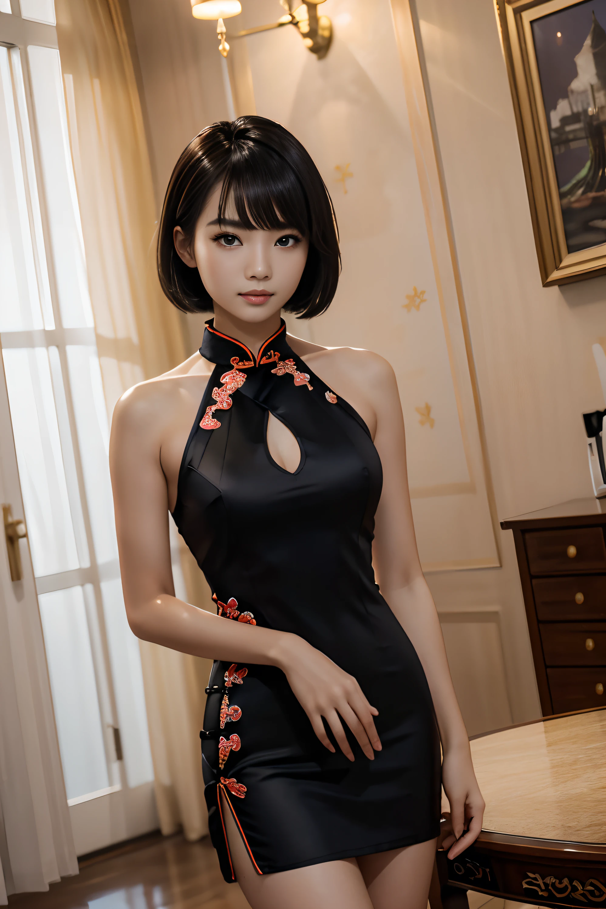 1girl in, (((shorth hair))), Bright cheongsam, mini dress, tight dress、(​masterpiece, top-quality, Near and far law), beautiful expression, 8k, Raw foto, nffsw, Photorealsitic, film grains, chromatic abberation, hight resolution, Ultra-detail, finely detail, Dynamic Lighting, Dramatic Lighting、shadowy、extremely detailed eye and face、Round pupils、Beautiful legs、Beautiful feet、Standing、Luxurious room, perfect hands,
