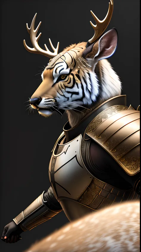 animalrizz   ((deer)) 10, masterpiece, highres, absurd,photorealistic portrait, parley_armature, tiger in armor ,wear parley_arm...