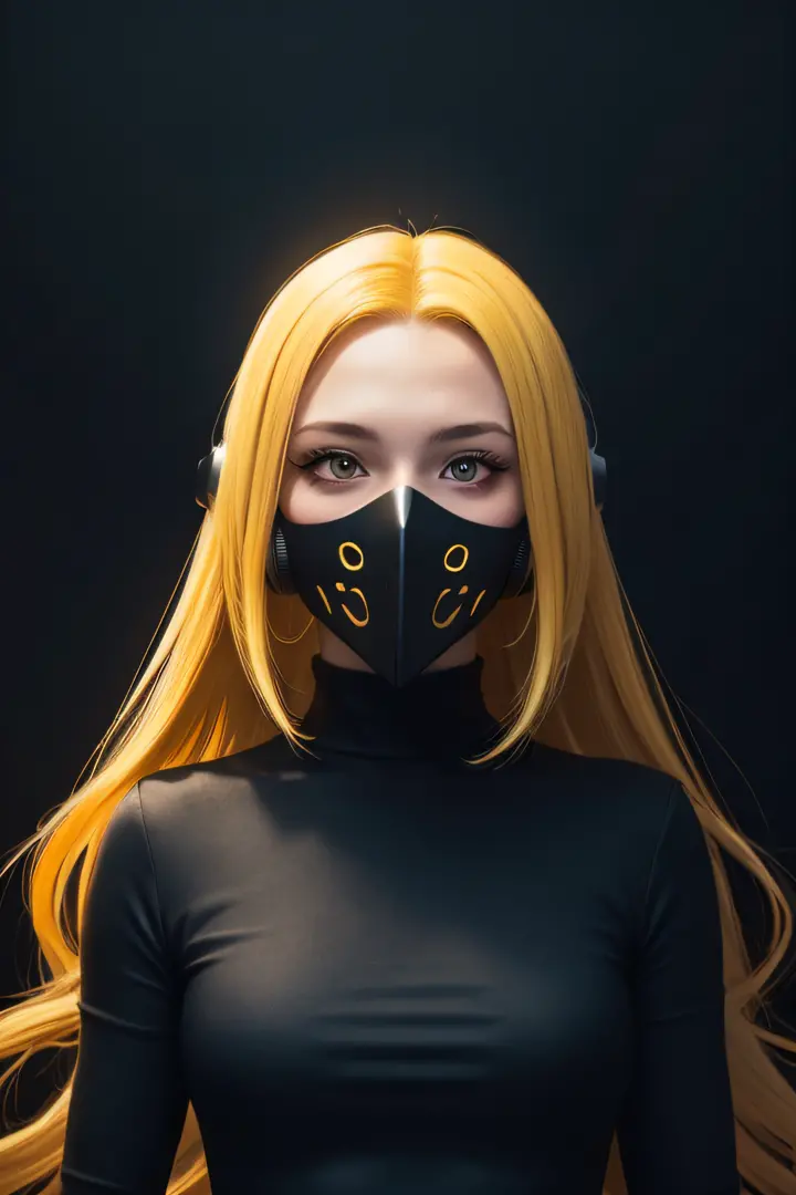 girl with long yellow hair, yellow eyes, futuristic vibes, mask on mouth, headphones, 8k, high quality, simple background, glowing eyes, nice pose