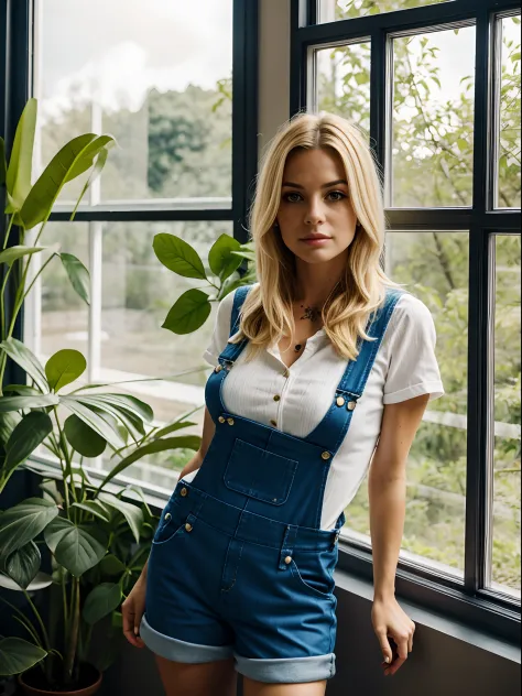 40 years old, woman, gorgeous cute Argentinian girl, the tattoo, ichigestyle, 1girl, solo, medium blonde hair, heart, in the factory, trees, plants, window, blue dungarees, girl, masterpiece, best quality, helltaker