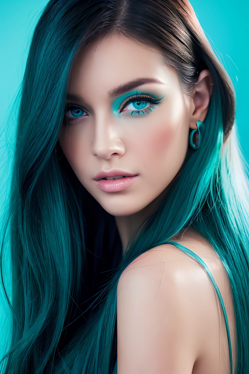 mujer realista、Modelo de rostro Barbara Palvin、El color de ojos es azul.、Todo el cabello es azul turquesa.、pelo largo、Calidad de imagen completaＨＤ、El color de fondo es negro
