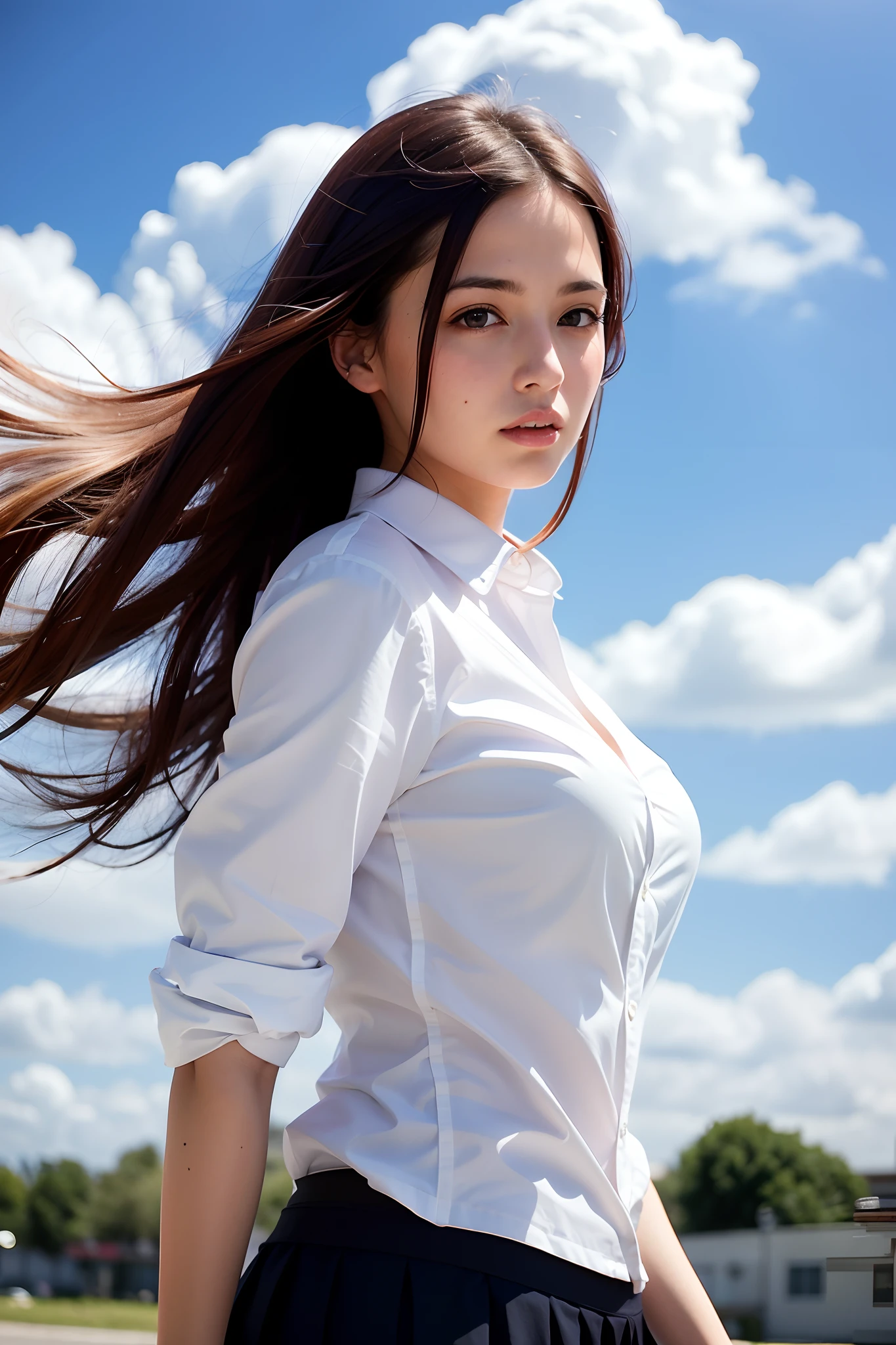 best quality, ultra high res, (photo realistic:1.4), 1 girl, hair blowing in the wind, white button shirt, black skirt, school uniform, cute, young, posing, very long hair, sky, cloud, sunny day, professional lighting, physically-based rendering, depth of field,