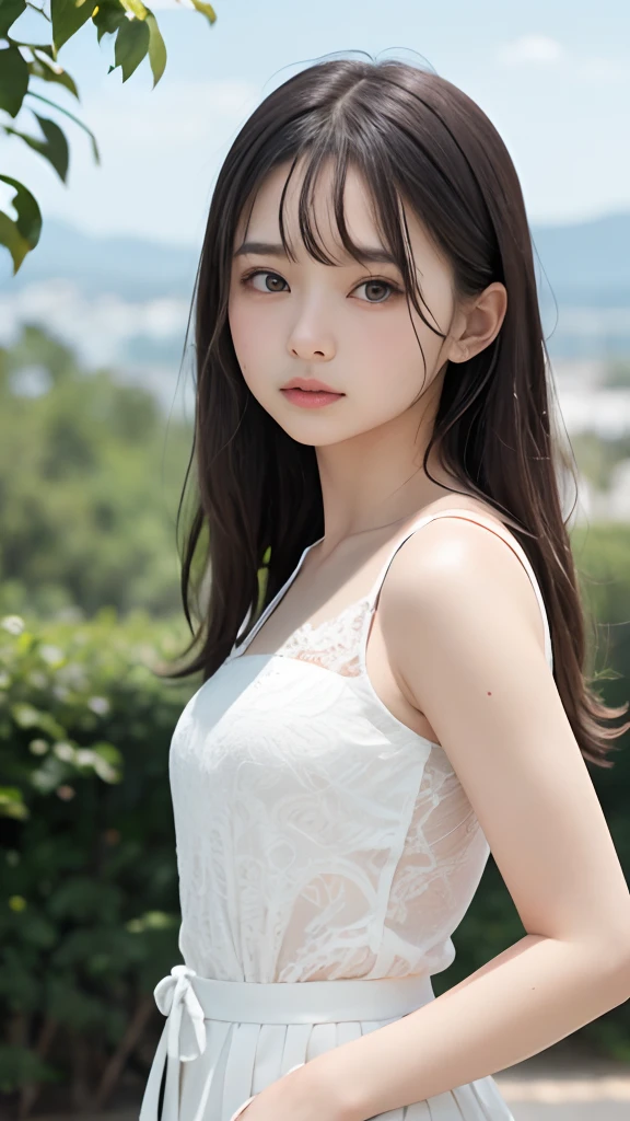 Masterpiece, Best quality, 8K, 85mm, RAW photo, absurderes, award winning portrait, Solo, Delicate girl, Upper body,White pleated skirt, Idol face,, Digital SLR, view the viewer, Natural, candid, Sophisticated, Youthful,  filmgrain, color difference, (Bokeh:1.1)