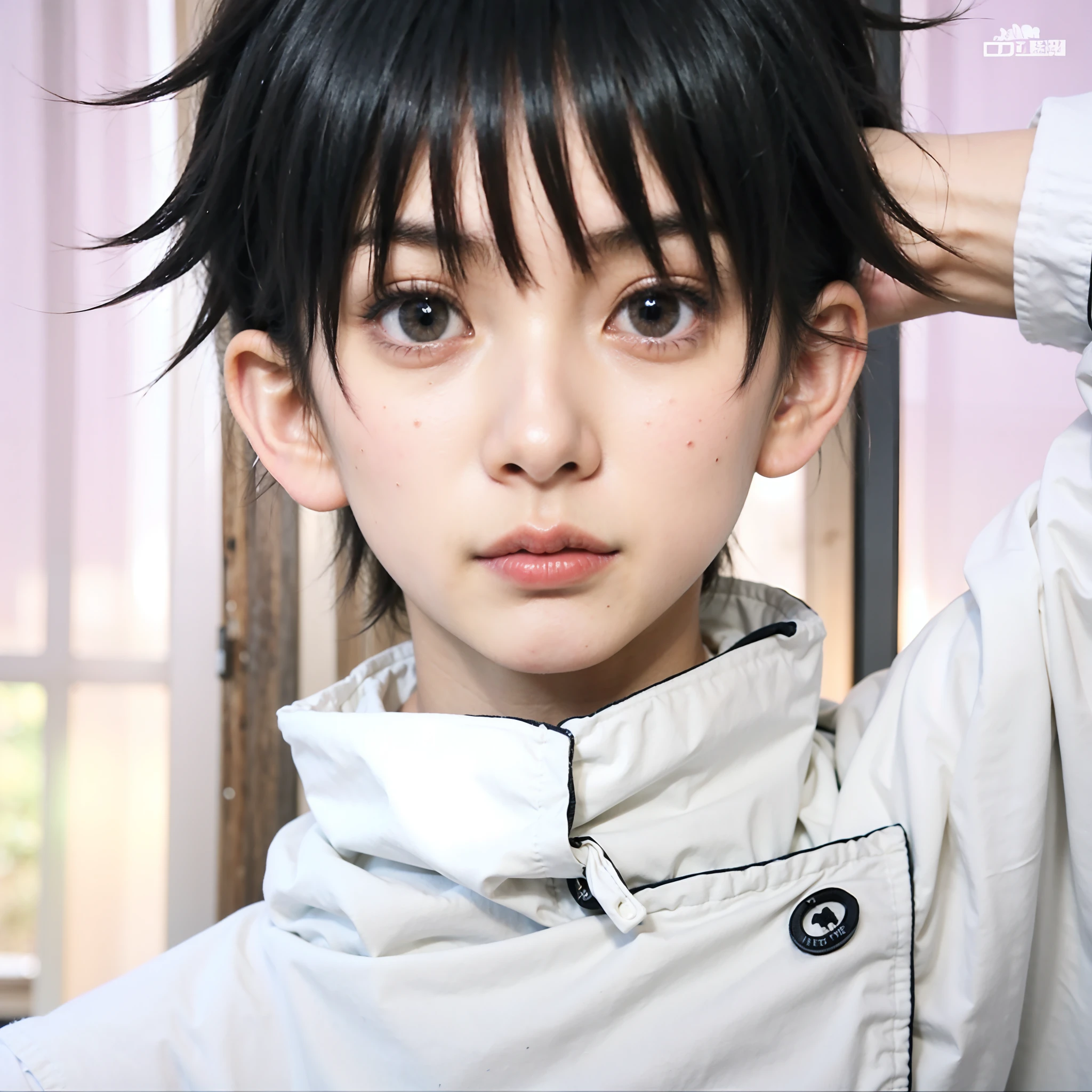 A boy with black hair and white shirt posing for a picture, with shocked expression, yuuta okotsu from Jujutsu Kaisen, High quality image, masterpiece, detailed hair texture, detailed skin texture, detailed cloth texture, 8k, add fabric details, ultra detailed skin texture, ultra detailed photo, skin pores, cloth details, high skin details, realistic hair details